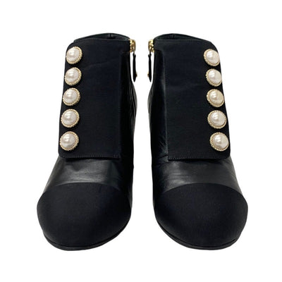 Chanel CHANEL boots, short boots, shoes, leather, fabric, black, coco mark, pearl