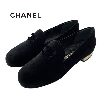 Chanel CHANEL loafers leather shoes shoes velvet black gold unused Coco mark flat shoes opera shoes