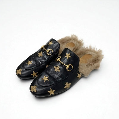 グッチ GUCCI プリンスタウン フラットシューズ 靴 シューズ レザー ファー ブラック ブラウン ゴールド ホースビット スター bee ミュール スリッパサンダル
