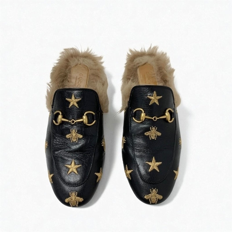 グッチ GUCCI プリンスタウン フラットシューズ 靴 シューズ レザー ファー ブラック ブラウン ゴールド ホースビット スター bee ミュール スリッパサンダル