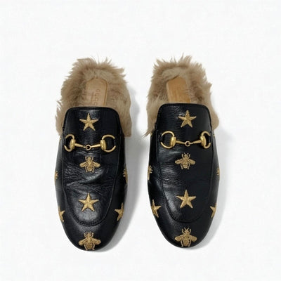グッチ GUCCI プリンスタウン フラットシューズ 靴 シューズ レザー ファー ブラック ブラウン ゴールド ホースビット スター bee ミュール スリッパサンダル