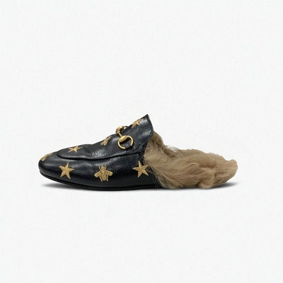 グッチ GUCCI プリンスタウン フラットシューズ 靴 シューズ レザー ファー ブラック ブラウン ゴールド ホースビット スター bee ミュール スリッパサンダル