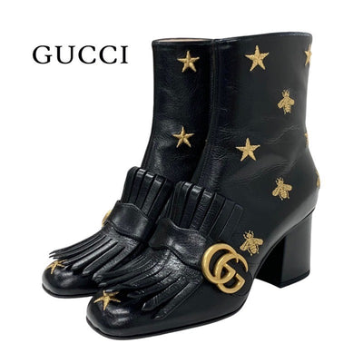 Gucci Double G Boots Short Boots Shoes Leather Black Gold GG Marmont Fringe Embroidery Star bee