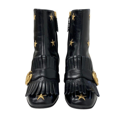 Gucci Double G Boots Short Boots Shoes Leather Black Gold GG Marmont Fringe Embroidery Star bee