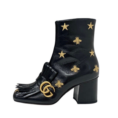 グッチ GUCCI ダブルG ブーツ ショートブーツ 靴 シューズ レザー ブラック ゴールド GGマーモント フリンジ 刺繍 スター bee