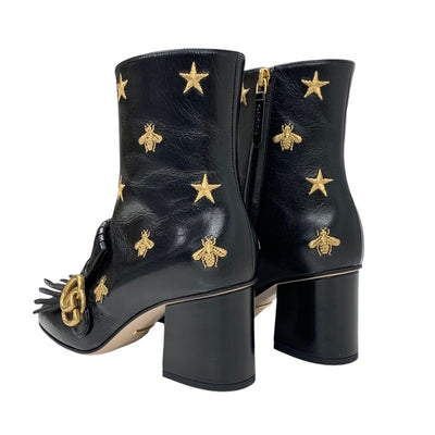 Gucci Double G Boots Short Boots Shoes Leather Black Gold GG Marmont Fringe Embroidery Star bee