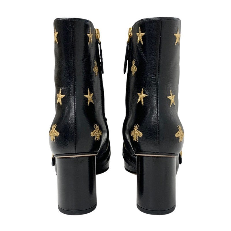 Gucci Double G Boots Short Boots Shoes Leather Black Gold GG Marmont Fringe Embroidery Star bee