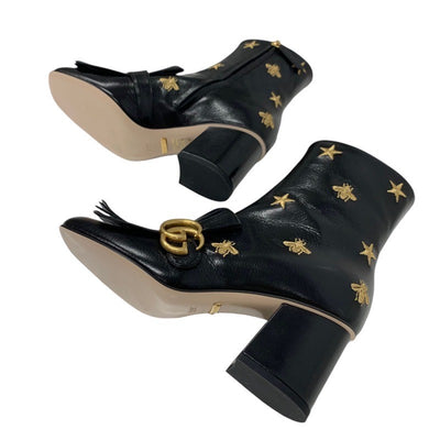 Gucci Double G Boots Short Boots Shoes Leather Black Gold GG Marmont Fringe Embroidery Star bee