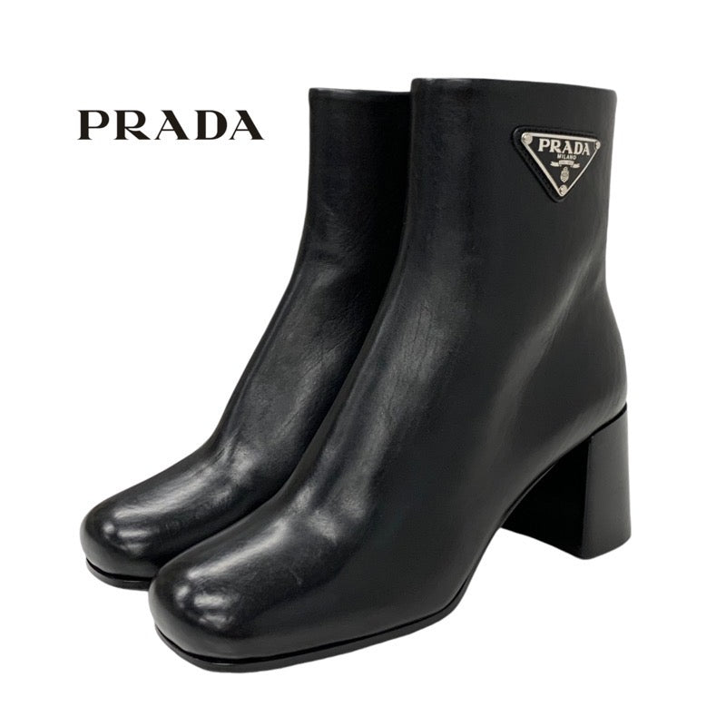 PRADA boots, short boots, shoes, leather, black, triangle logo