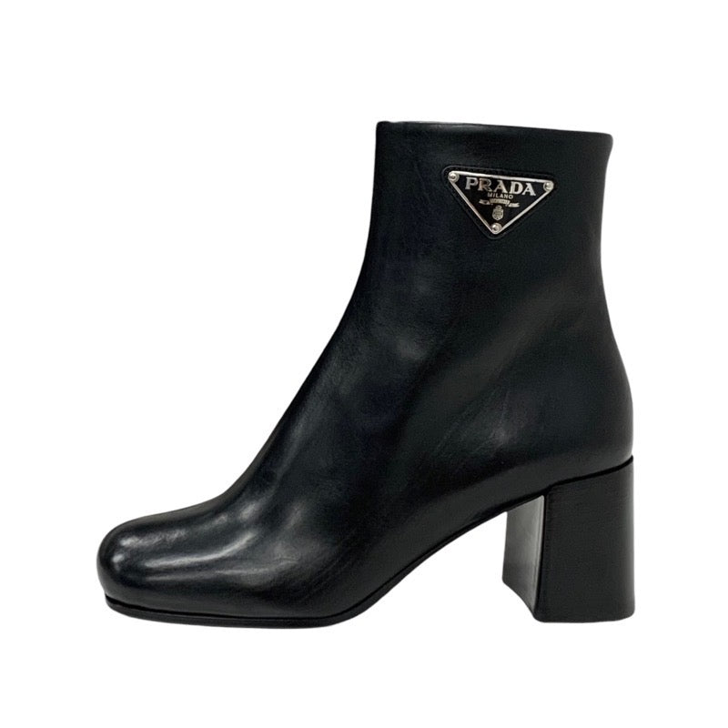 PRADA boots, short boots, shoes, leather, black, triangle logo