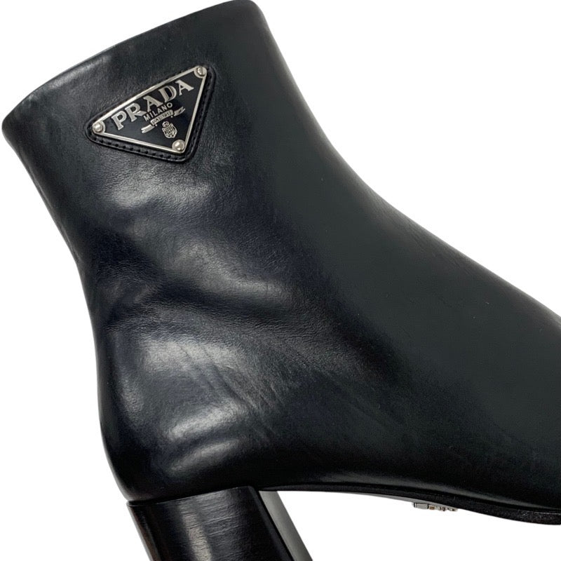 PRADA boots, short boots, shoes, leather, black, triangle logo