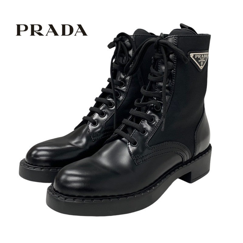 PRADA boots, short boots, shoes, leather, nylon, black, silver, triangle logo, lace-up