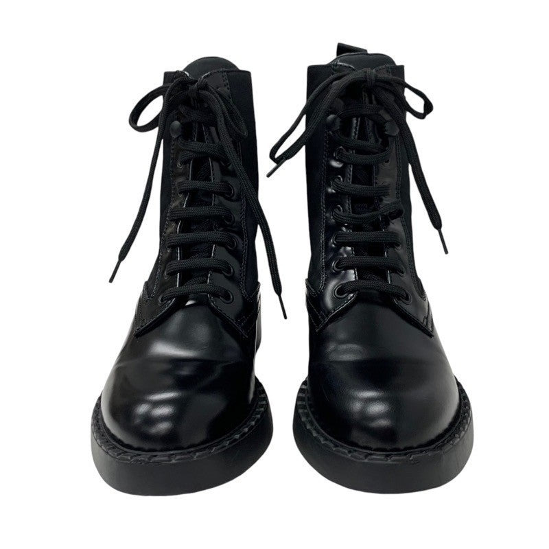 PRADA boots, short boots, shoes, leather, nylon, black, silver, triangle logo, lace-up