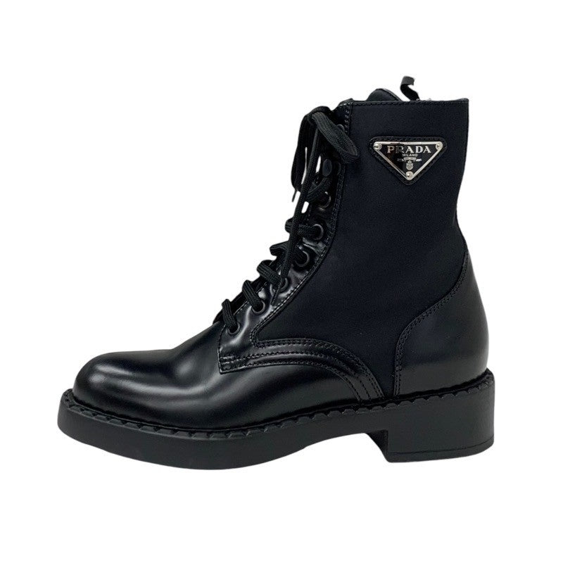 PRADA boots, short boots, shoes, leather, nylon, black, silver, triangle logo, lace-up