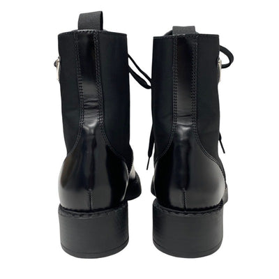 PRADA boots, short boots, shoes, leather, nylon, black, silver, triangle logo, lace-up