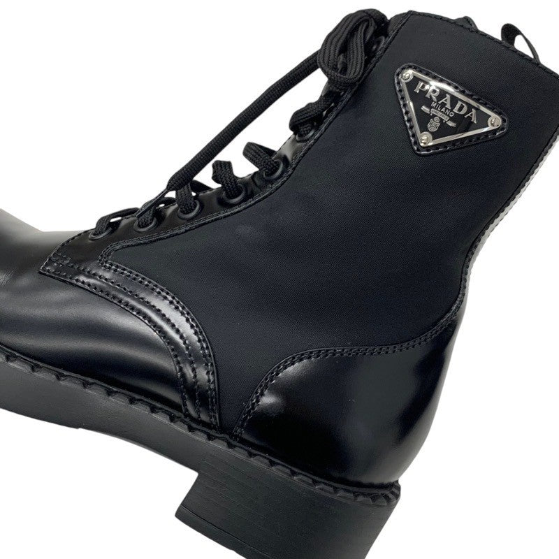 PRADA boots, short boots, shoes, leather, nylon, black, silver, triangle logo, lace-up