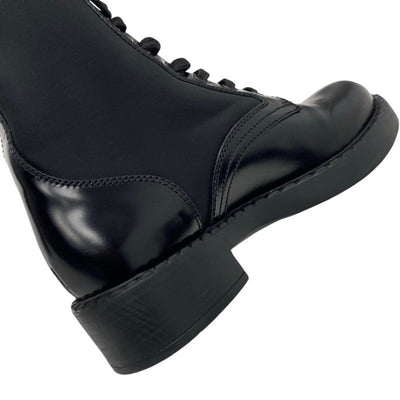 PRADA boots, short boots, shoes, leather, nylon, black, silver, triangle logo, lace-up