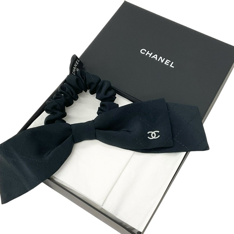 Chanel Hair Accessories Black Coco Mark Ribbon Silk Scrunchy Hair Elbow