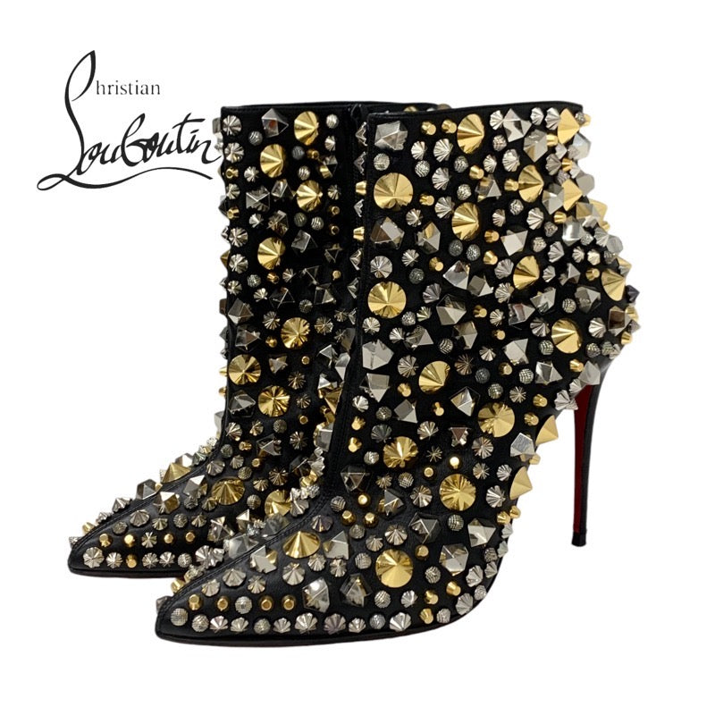 クリスチャンルブタン Christian Louboutin ブーツ ショートブーツ 靴 シューズ レザー ブラック 黒 ゴールド シルバー スタッズ