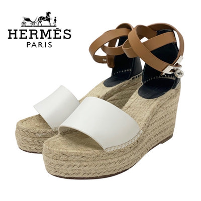 エルメス HERMES ティポリ サンダル 靴 シューズ レザー ホワイト ブラック ケリー金具 ウェッジソール