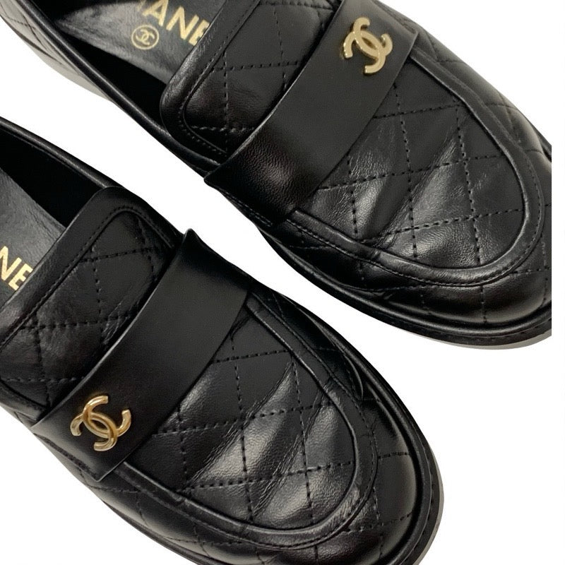 シャネル CHANEL ローファー 革靴 靴 シューズ レザー ブラック 黒 ゴールド ココマーク マトラッセ