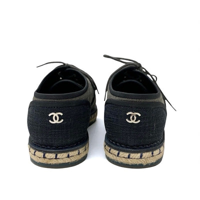 シャネル CHANEL フラットシューズ 靴 シューズ ファブリック グレー ブラック ココマーク エスパドリーユ パール レースアップシューズ