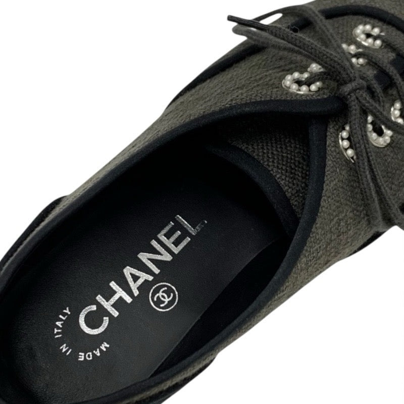 シャネル CHANEL フラットシューズ 靴 シューズ ファブリック グレー ブラック ココマーク エスパドリーユ パール レースアップシューズ