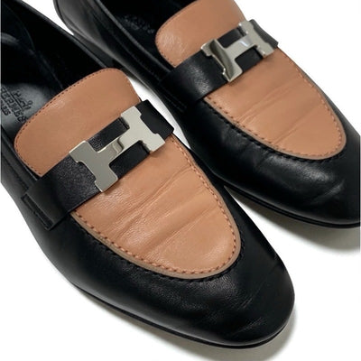 エルメス HERMES パリ ローファー 革靴 靴 シューズ レザー ブラック ピンク系 H金具 モカシン