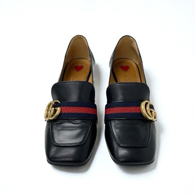 グッチ GUCCI ダブルG パンプス 靴 シューズ レザー ブラック 黒 ゴールド GGマーモント パール