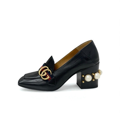 グッチ GUCCI ダブルG パンプス 靴 シューズ レザー ブラック 黒 ゴールド GGマーモント パール