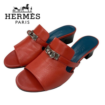 エルメス HERMES キャンディ サンダル 靴 シューズ レザー レッド シルバー ケリー金具 ミュール