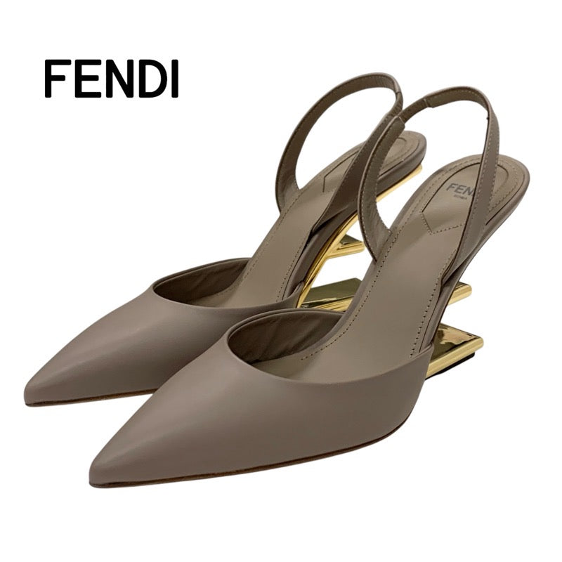 フェンディ FENDI ファースト パンプス 靴 シューズ レザー ブラウン系 ゴールド 未使用 スリングバック メタルヒール サンダル