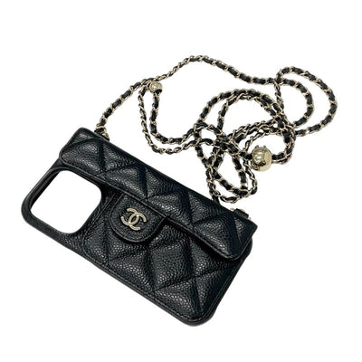 Chanel Mobile/Smartphone Accessories Black Gold Coco Mark Matelasse Caviar Skin iPhone14pro iPhone Case Chain