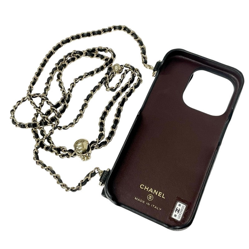 Chanel Mobile/Smartphone Accessories Black Gold Coco Mark Matelasse Caviar Skin iPhone14pro iPhone Case Chain