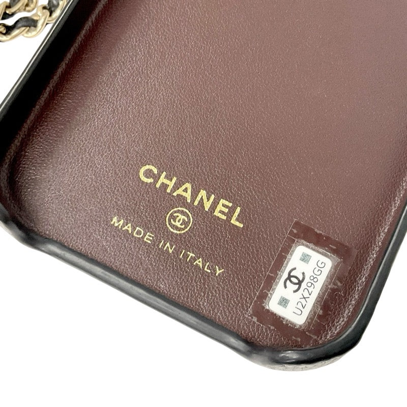 Chanel Mobile/Smartphone Accessories Black Gold Coco Mark Matelasse Caviar Skin iPhone14pro iPhone Case Chain