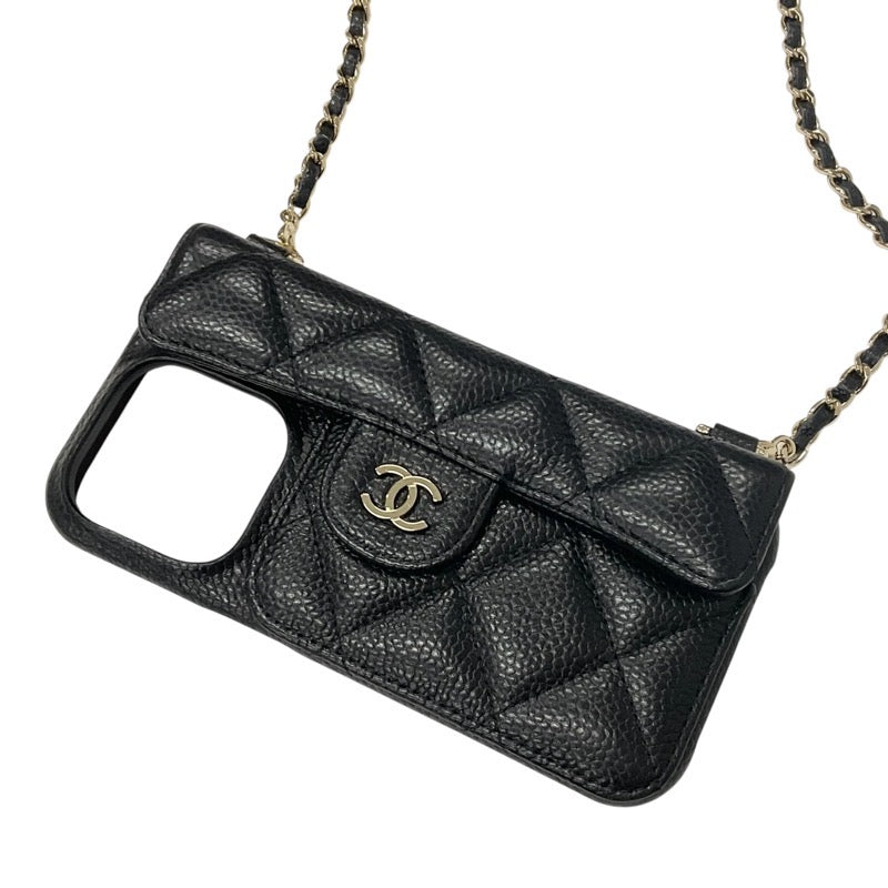 Chanel Mobile/Smartphone Accessories Black Gold Coco Mark Matelasse Caviar Skin iPhone14pro iPhone Case Chain