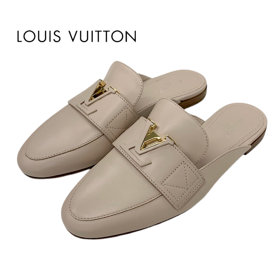 Louis Vuitton Capriline Loafers Leather Shoes Shoes Leather Pink Beige Gold Flat Shoes Mules Logo