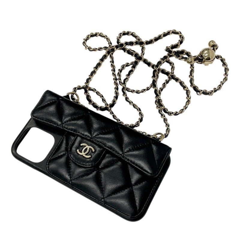 Chanel Mobile/Smartphone Accessories Black Gold Coco Mark Matelasse Lambskin iPhone12pro iPhone Case Chain