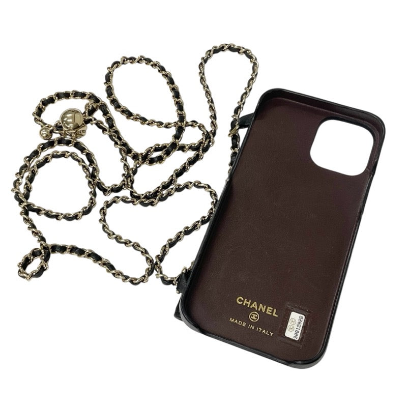 Chanel Mobile/Smartphone Accessories Black Gold Coco Mark Matelasse Lambskin iPhone12pro iPhone Case Chain