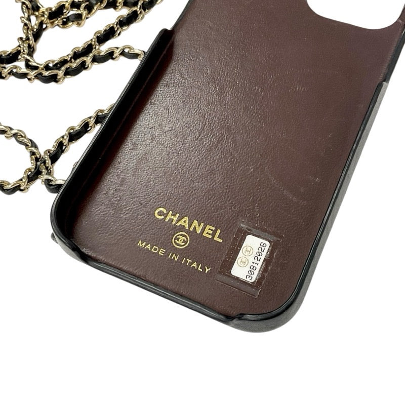 Chanel Mobile/Smartphone Accessories Black Gold Coco Mark Matelasse Lambskin iPhone12pro iPhone Case Chain