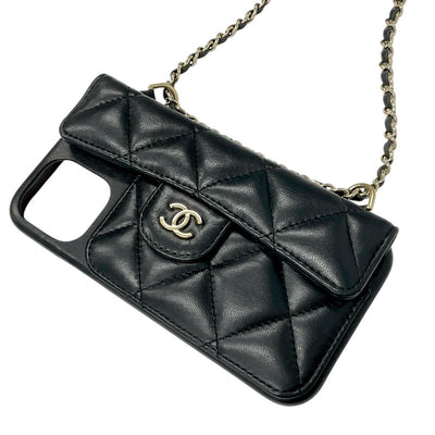 Chanel Mobile/Smartphone Accessories Black Gold Coco Mark Matelasse Lambskin iPhone12pro iPhone Case Chain