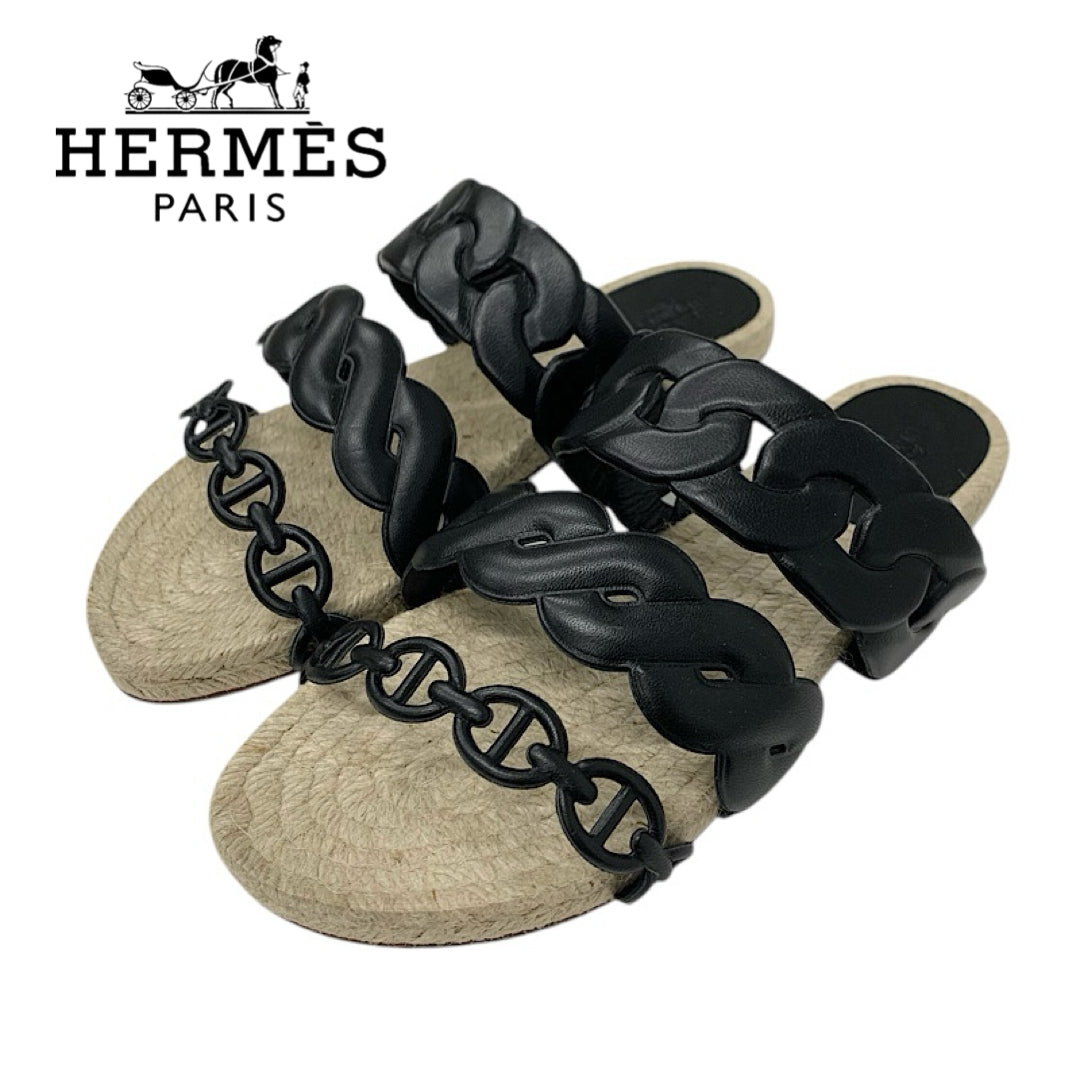 エルメス HERMES グウェン サンダル 靴 シューズ レザー ブラック 黒 エスパドリーユ シェーヌダンクル フラット