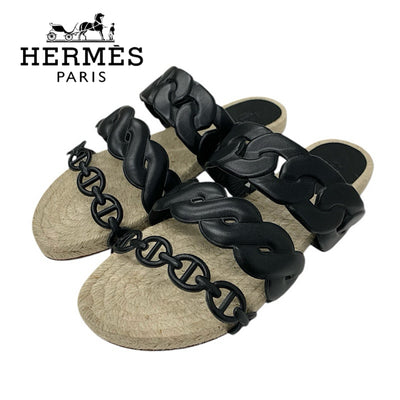 エルメス HERMES グウェン サンダル 靴 シューズ レザー ブラック 黒 エスパドリーユ シェーヌダンクル フラット
