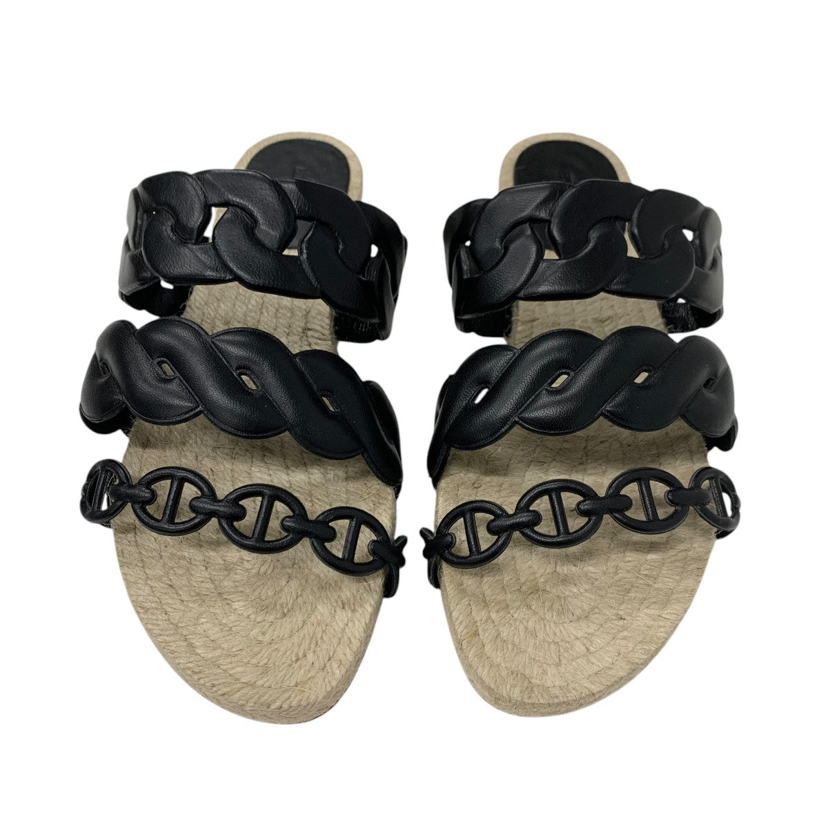 エルメス HERMES グウェン サンダル 靴 シューズ レザー ブラック 黒 エスパドリーユ シェーヌダンクル フラット