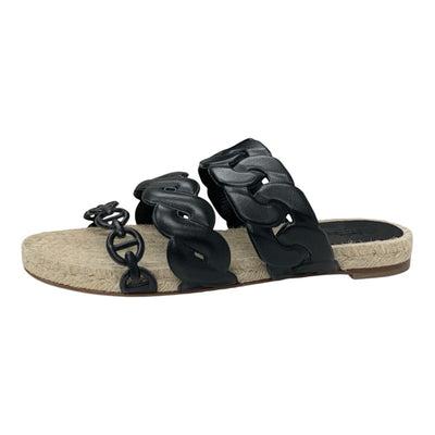 エルメス HERMES グウェン サンダル 靴 シューズ レザー ブラック 黒 エスパドリーユ シェーヌダンクル フラット