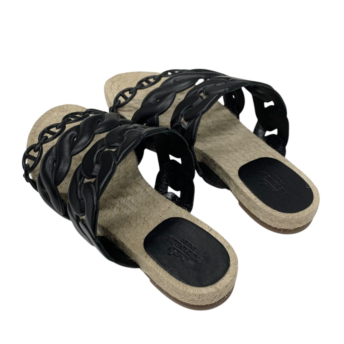 エルメス HERMES グウェン サンダル 靴 シューズ レザー ブラック 黒 エスパドリーユ シェーヌダンクル フラット