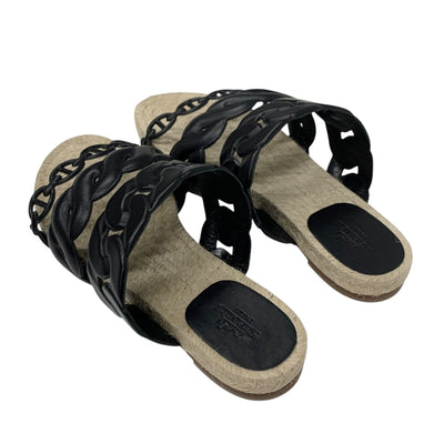 エルメス HERMES グウェン サンダル 靴 シューズ レザー ブラック 黒 エスパドリーユ シェーヌダンクル フラット