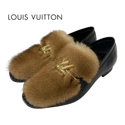 Louis Vuitton Upper case line Loafers Leather shoes Shoes Leather Mink Fur Brown Black Gold Logo Flat shoes