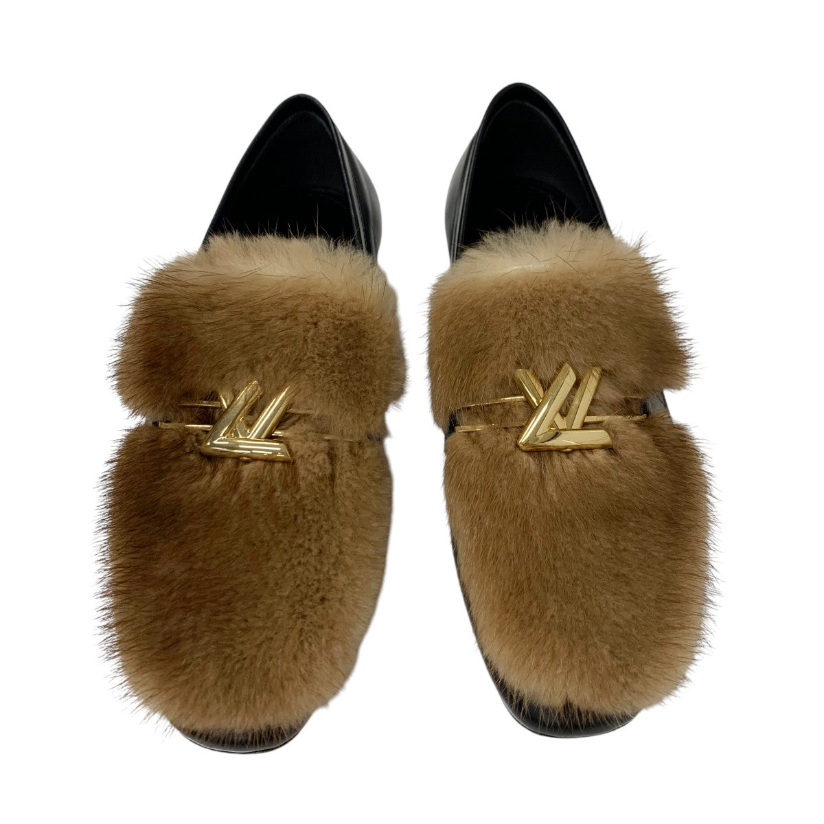 Louis Vuitton Upper case line Loafers Leather shoes Shoes Leather Mink Fur Brown Black Gold Logo Flat shoes