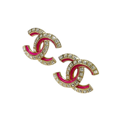 Chanel Earrings Gold Pink Coco Mark Rhinestone